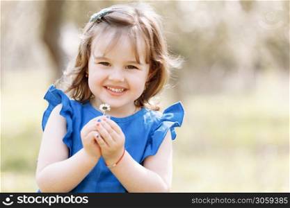 little happy girl in a blue dress plays with flowers. Concept of happy childhood and summer leisure.. little happy girl in a blue dress plays with flowers. Concept of happy childhood and summer leisure
