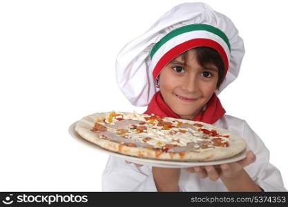little Italian girl presenting a pizza