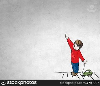 Little kid boy . Sketched image of little boy with car pointing with finger
