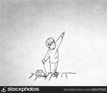 Little kid boy . Sketched image of little boy with car pointing with finger