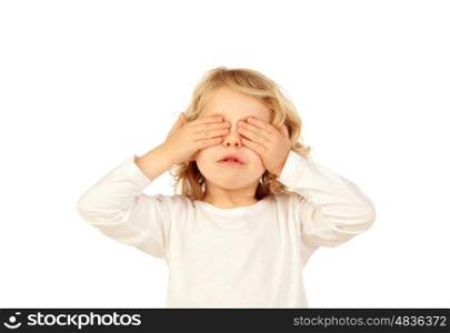 Little kid covering his eyes isolated on a white background