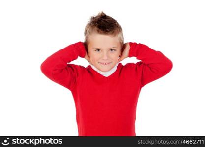 Little kid covering the ears isolated on a white background