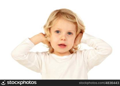 Little kid covering the ears isolated on a white background