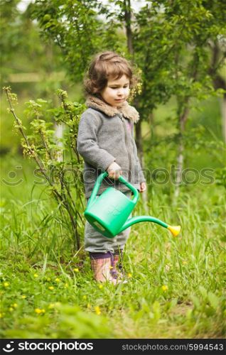 Little kid with watering can in the garden. Little kid in the garden