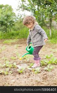 Little kid with watering can in the garden. Little kid in the garden