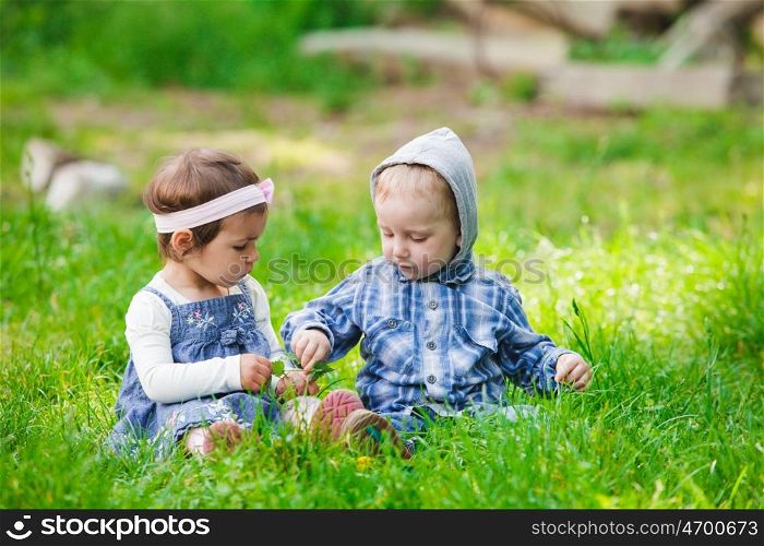 Little kids play outdoors on the grass. Children outdoor play
