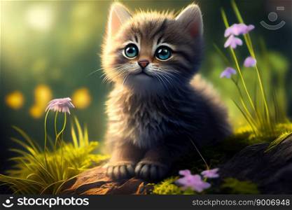 Little kitten in grass and flowers.  Generative AI
