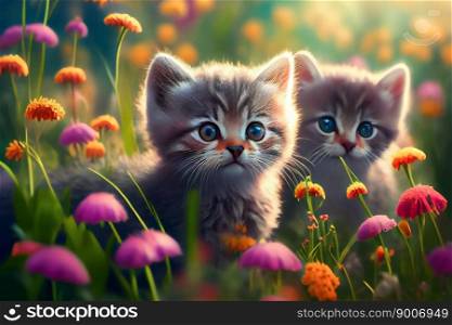 Little kitten in grass and flowers.  Generative AI 