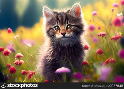 Little kitten in grass and flowers.  Generative AI 