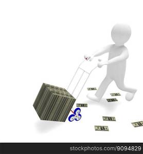 Little man carries a cart with money