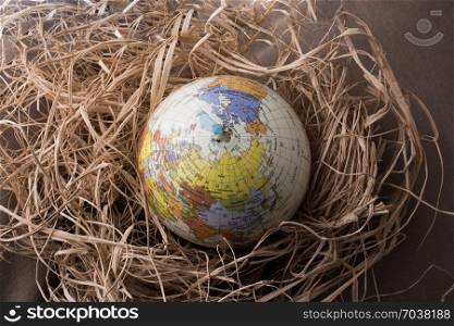 Little model globe is put on a straw background