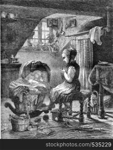 Little Mother, vintage engraved illustration. Magasin Pittoresque 1857.
