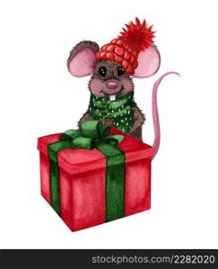 Little Mouse in a green scarf and red christmas hat and a gift. Cute cartoon christmas animal rat or mouse. Watercolor illustration. Christmas and New Year card. Hand drawn illustration.
