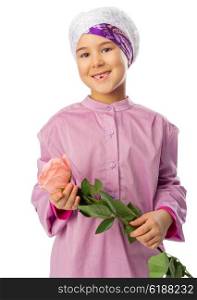 Little muslim girl with rose flower isolated