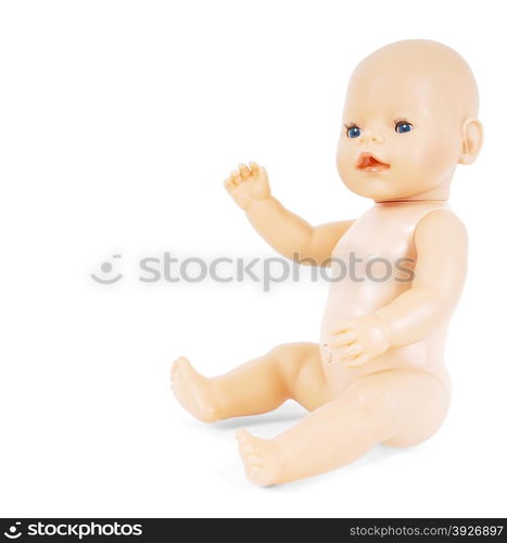 Little naked girl baby doll with blue eyes waving towards white