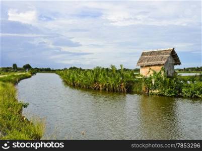 Little Nupa Palm leaves hut in aquaculture, Thailand