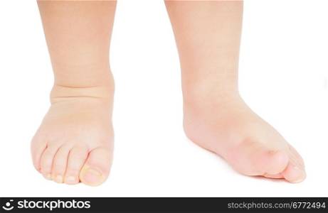 Little person walking towards barefoot isolated on white background