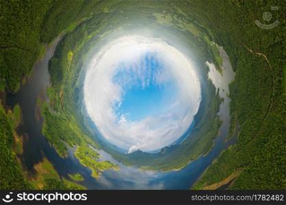 Little planet 360 degree sphere birds eye view. Panoramic view over Mae Chang Reservoir, Mae Moh, L&ang, Thailand - Drone.. Little planet 