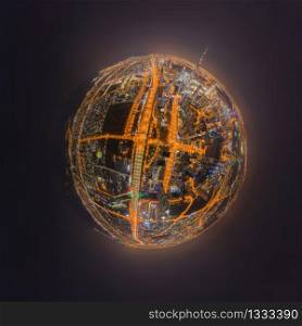Little planet 360 degree sphere. Panorama of aerial view of Dubai Downtown skyline and highway, United Arab Emirates or UAE. Financial district in urban city. Skyscraper buildings at night.