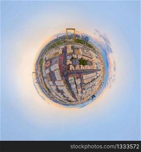 Little planet 360 degree sphere. Panorama of aerial view of Dubai Frame, Downtown skyline, United Arab Emirates or UAE. Financial district and business area in smart urban city. Skyscraper buildings.