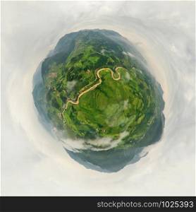 Little planet 360 degree sphere. Panorama of paddy rice terraces, green agricultural fields in rural area of Mu Cang Chai, mountain hills valley, Vietnam. Nature landscape background.