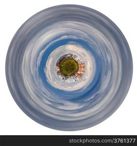 little planet - little planet with forest and hoses in grey autumn clouds isolated on white background