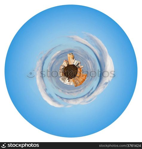 little planet - little urban planet in blue morning autumn sky isolated on white background