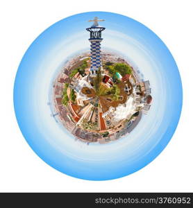 little planet - spherical panoramic Barcelona skyline from Park Guell, Spain isolated on white background