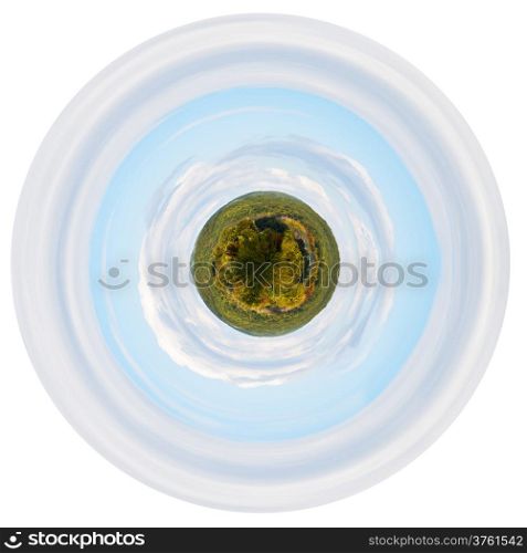 little planet - spherical planet with green low Caucasian mountains in autumn isolated on white background