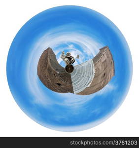 little planet - spherical view of two towers and statue of Saint Petronius with blue sky in Bologna, Italy isolated on white background