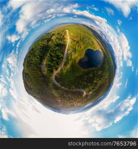 Little planet transformation of spherical panorama 360 degrees of the lake of Kidelyu near the Ulagan mountain pass, Altai Republic, Russia. Aerial drone view, virtual reality content.. Little planet transformation of spherical panorama 360 degrees of the lake of Kidelyu