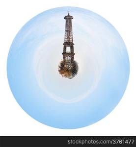 little planet - urban spherical cityscape of Paris with big Eiffel tower isolated on white background