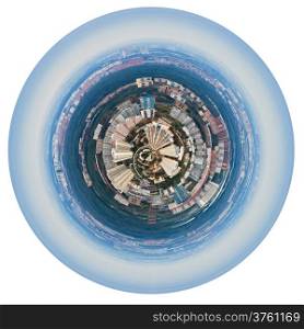 little planet - urban spherical panorama of Moscow living district under blue sky isolated on white background