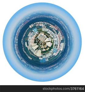 little planet - urban spherical panorama of Moscow residential district under blue sky isolated on white background
