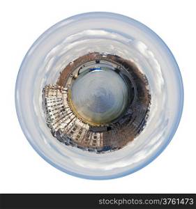 little planet - urban spherical panorama of Paris with view of Seine river and Pont Louis-Philippe isolated on white background