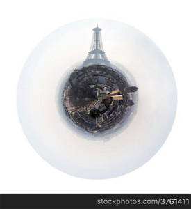 little planet - urban spherical view of Avenues D Iena and Eiffel tower in Paris isolated on white background