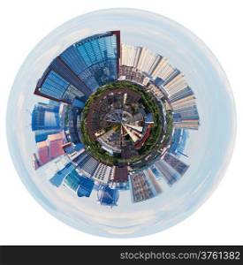 little planet - urban spherical view of Moscow with tower buildings isolated on white background
