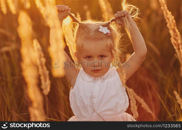 little pretty girl in the field. little girl with two tails. Cute baby girl 3-4 year old close up. Summer time. Childhood.. Cute baby girl 3-4 year old close up. Summer time. Childhood. little girl with two tails. little pretty girl in the field