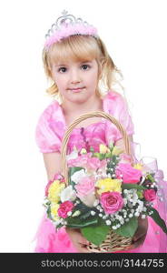 Little princess in pink with basket of flowers