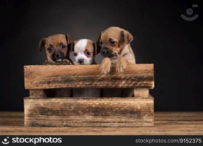 Little puppies in a wooden crate