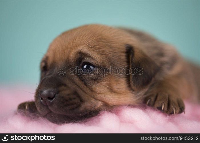 Little Puppy dog sleeps on a blanket
