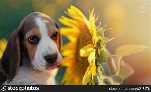 Little puppy of beagle sniffs sunflower flower in field. Beagles is always hungry, Diet, advertising pet food, dog&rsquo;s feed, concept. High quality photo. Little puppy of beagle sniffs sunflower flower in field. Beagles is always hungry, Diet, advertising pet food, dog&rsquo;s feed, concept.