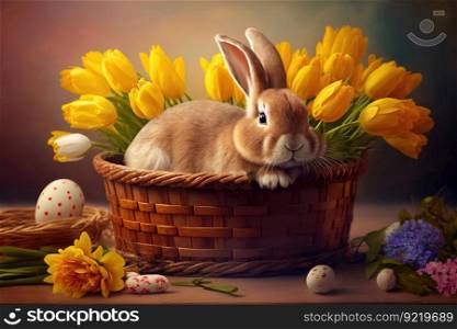 Little rabbit in an Easter basket with fluffy fur and Easter eggs in a fresh spring landscape. Suitable as an Easter card, greeting card or wallpaper. AI generated.. Little rabbit in an Easter basket with fluffy fur and Easter eggs in a fresh spring landscape. AI generated.