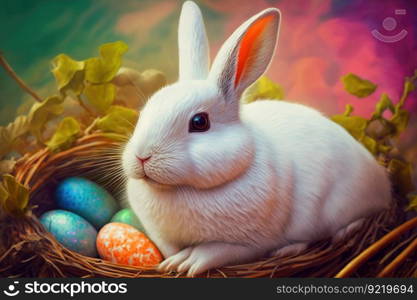 Little rabbit in an Easter basket with fluffy fur and Easter eggs in a fresh spring landscape. Suitable as an Easter card, greeting card or wallpaper. AI generated.. Little rabbit in an Easter basket with fluffy fur and Easter eggs in a fresh spring landscape. AI generated.