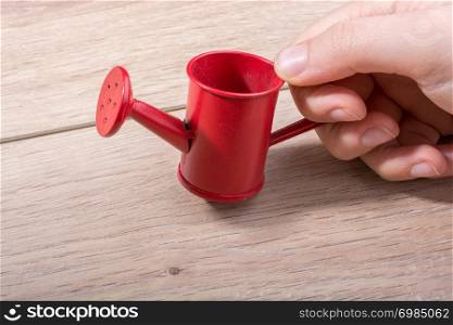 Little red color watering can in hand