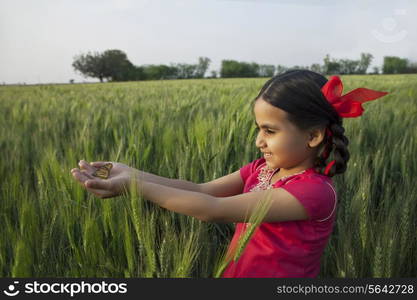 Little rural girl with hands cupped standing in a wheat field