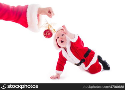 Little Santa boy wants to play isolated on white background. Santa boy isolated