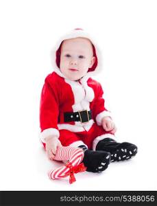 Little Santa boy with staff isolated on white background