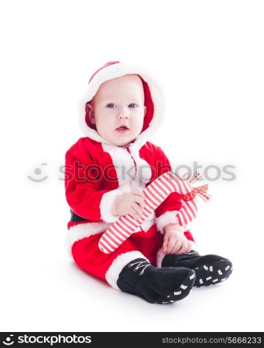 Little Santa boy with staff isolated on white background