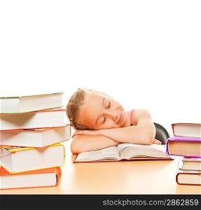 Little schoolgirl fall asleep after reading a book
